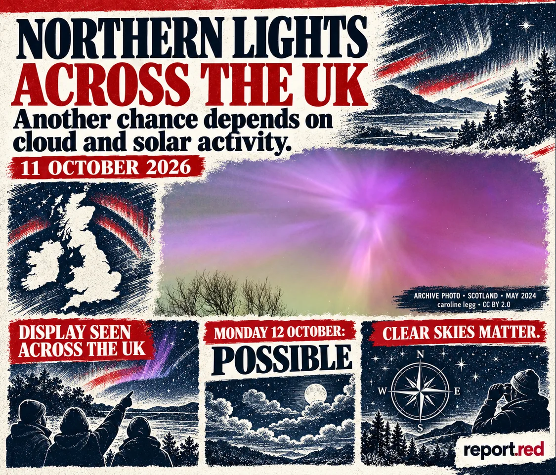 Northern Lights forecast collage with an archival Scotland aurora photograph from May 2024