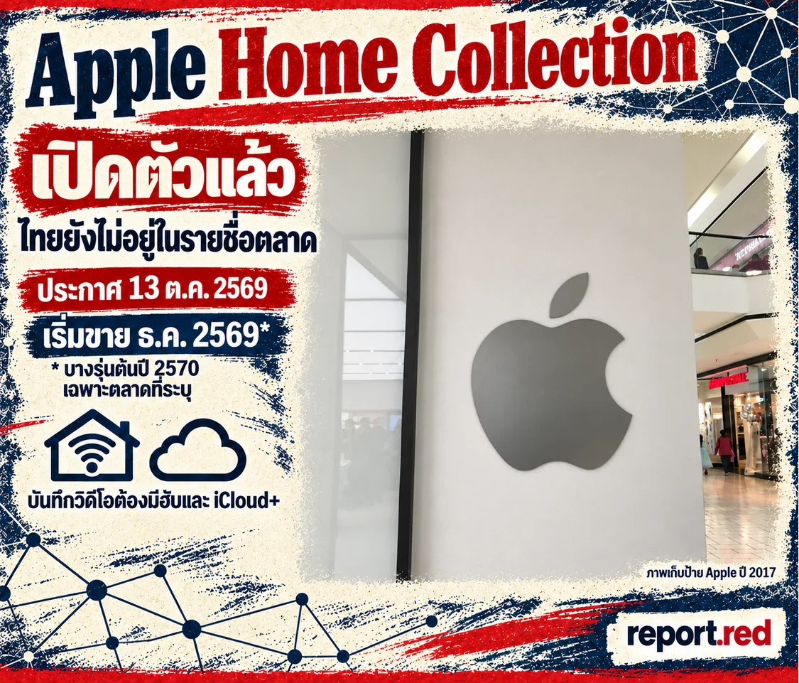 คอลลาจข่าว Apple Home Collection เปิดตัว 13 ตุลาคม 2569 ไทยยังไม่อยู่ในรายชื่อตลาดเริ่มต้น พร้อมภาพเก็บป้าย Apple ปี2017
