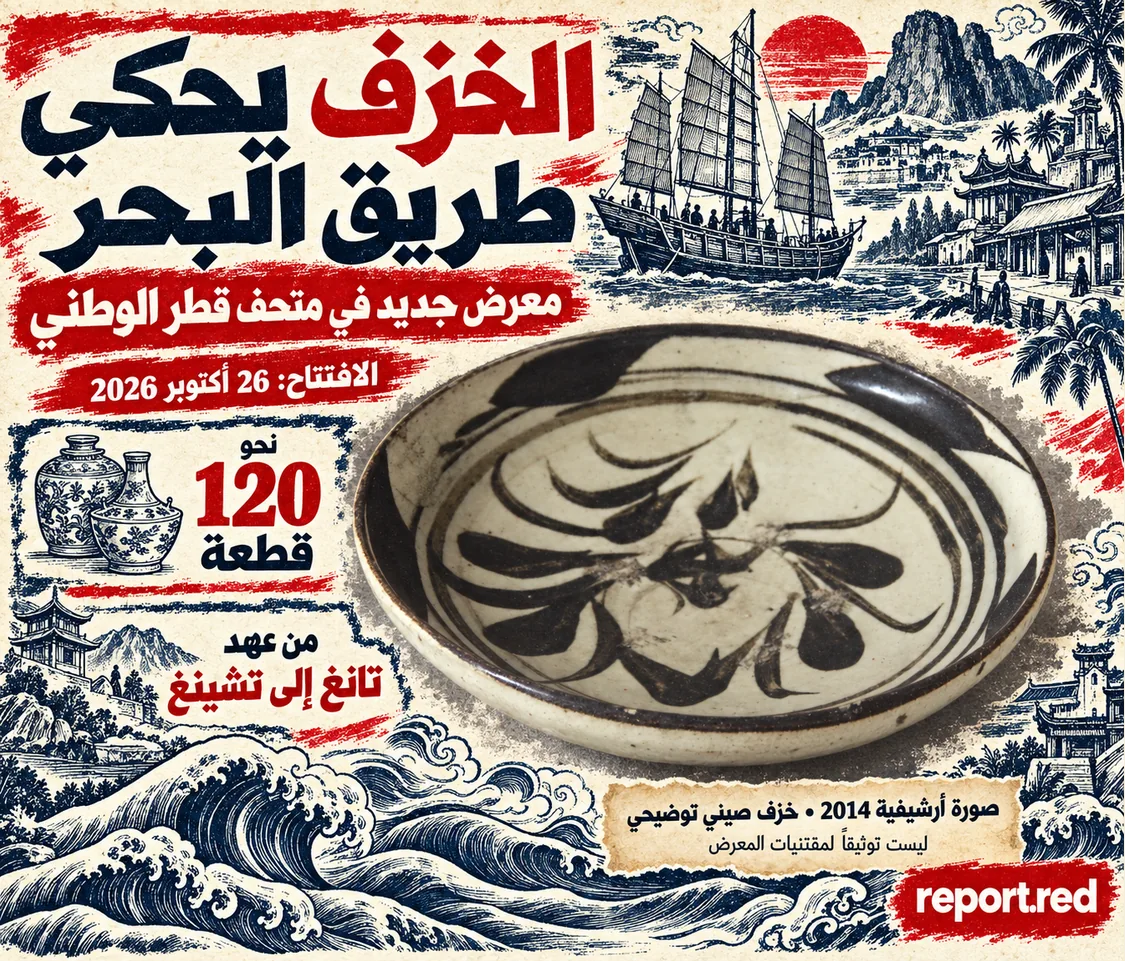 غلاف عن معرض الخزف الصيني المقرر افتتاحه في قطر في 26 أكتوبر 2026، مع صورة توضيحية أرشيفية لوعاء من عهد مينغ التقطت عام 2014
