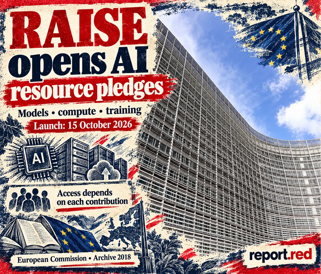 RAISE AI resource pledges with a clearly labelled 2018 archive photograph of the European Commission building