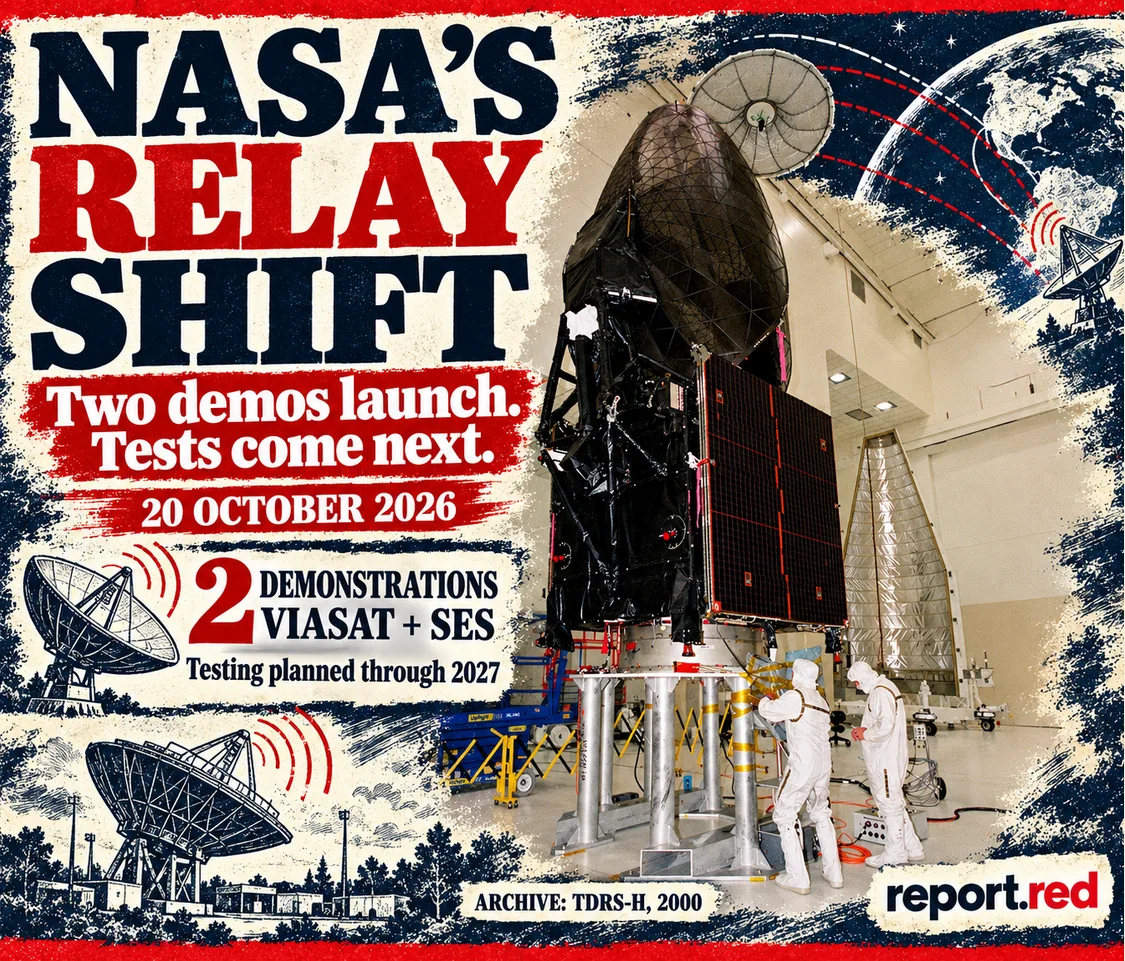 Vintage cover explaining NASA’s two relay demonstrations and tests ahead, with an archive TDRS-H photograph from 2000