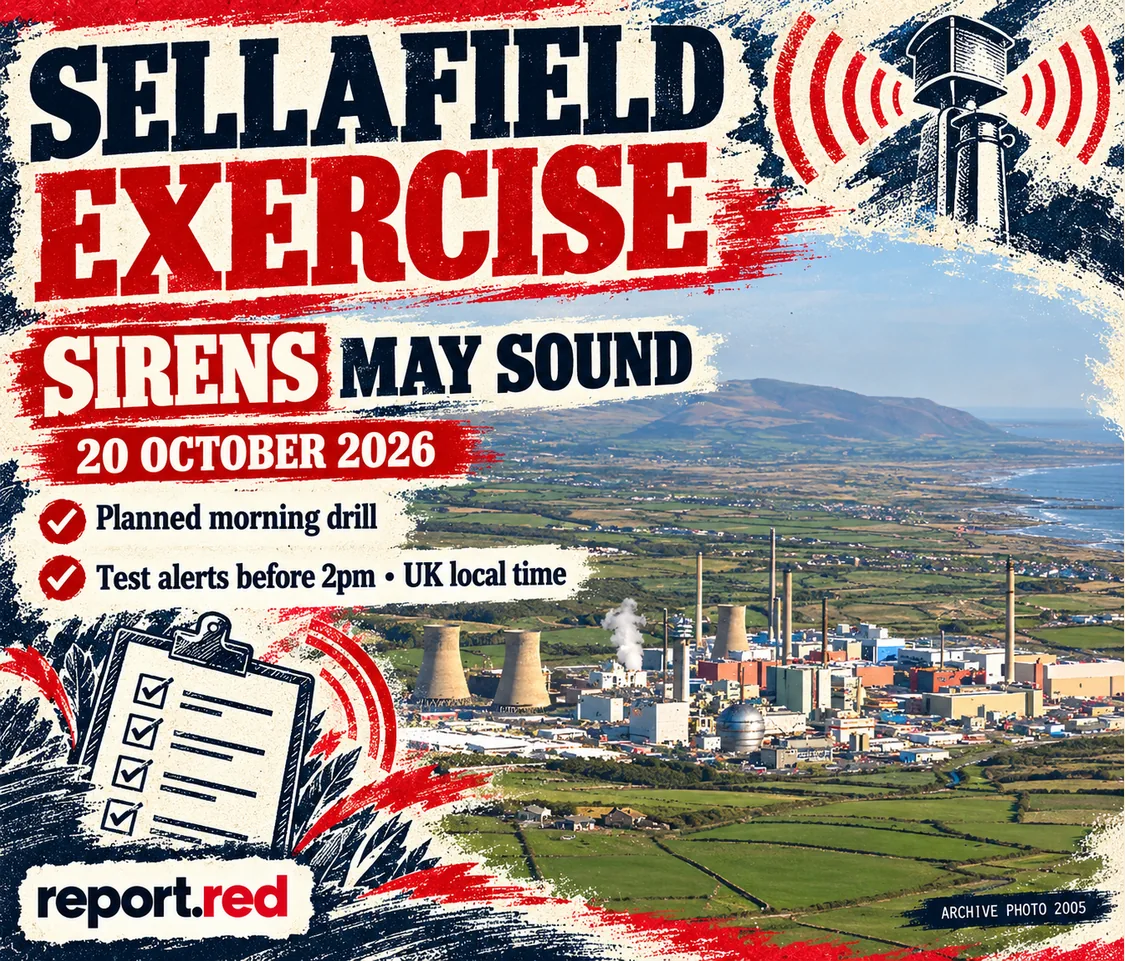 Sellafield planned emergency exercise 20 October 2026, test alerts before 2 pm, with archive aerial photograph 2005