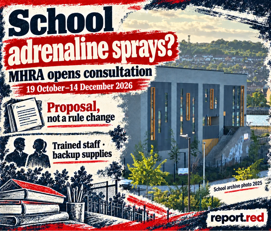 MHRA consultation dates and conditional school nasal-spray proposal over a 2025 archive school photo