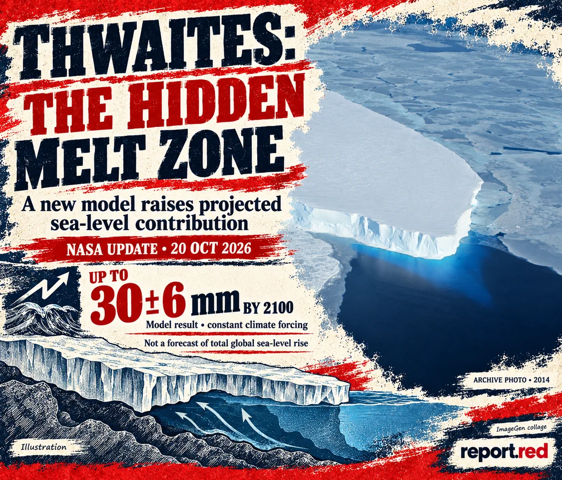 Thwaites research cover with a 2014 archive glacier photograph and the qualified model projection of up to30±6mm by2100