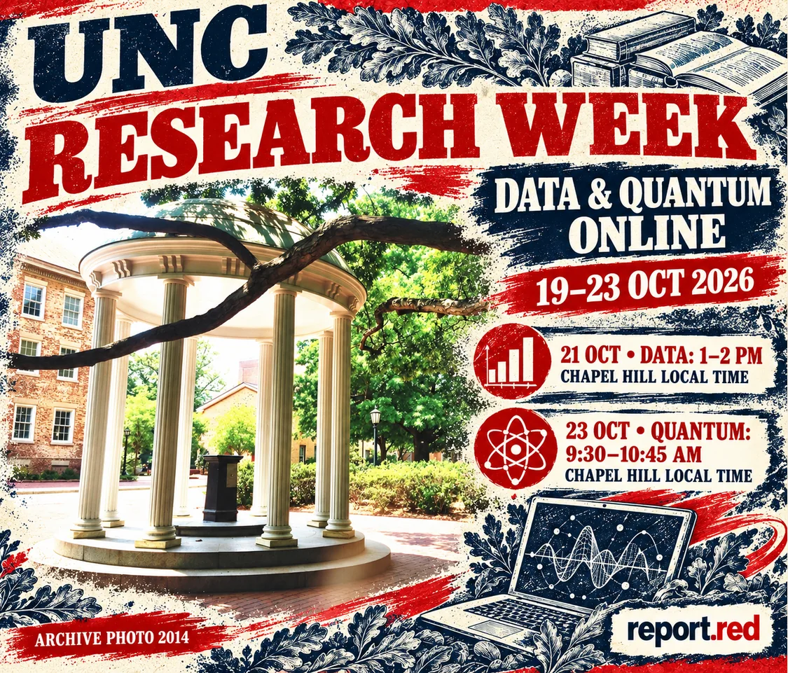 UNC Research Week cover showing online data and quantum session dates with a 2014 archive photo of the Old Well