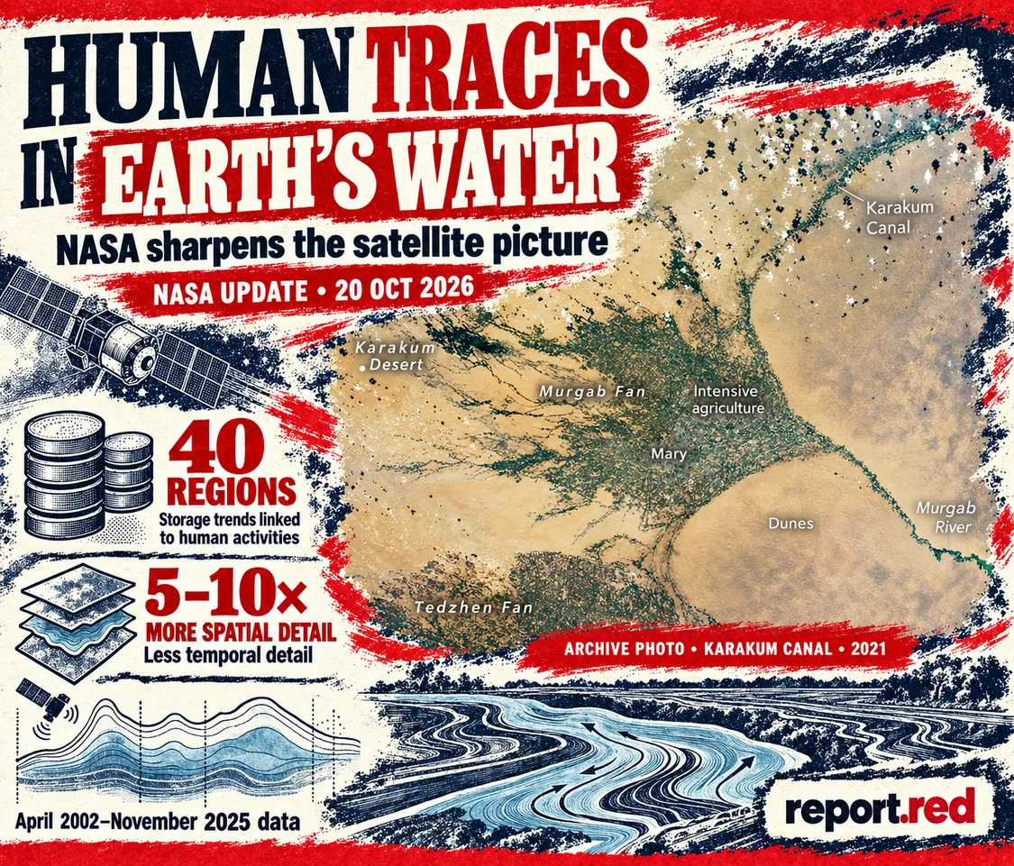 NASA water-storage study cover with 40 regions and spatial-versus-temporal tradeoff, using a 2021 Karakum Canal archive photograph