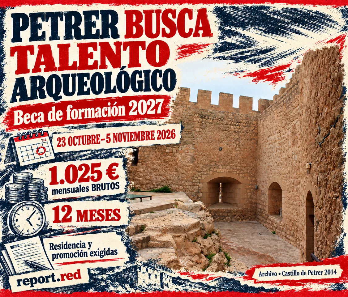 Portada de la beca arqueológica de Petrer 2027 con 1025 euros mensuales brutos, plazo anunciado hasta 5 noviembre 2026 y fotografía de archivo del castillo de 2014