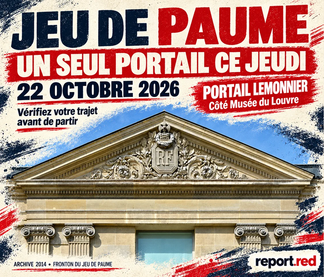 Jeu de Paume le 22 octobre 2026 : portail Lemonnier, côté Louvre ; photo d’archive du fronton en 2014.
