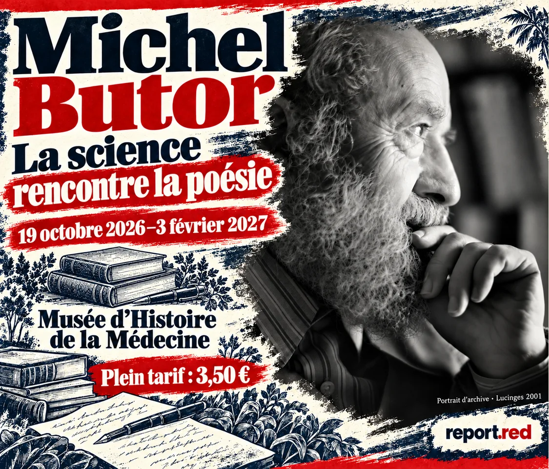 Michel Butor en portrait d’archive 2001 et dates 19 octobre 2026–3 février 2027 de l’exposition science et poésie