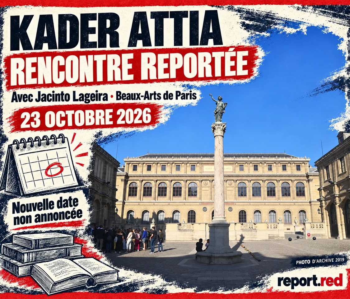Couverture annonçant le report de la rencontre Kader Attia–Jacinto Lageira du 23 octobre 2026, avec façade des Beaux-Arts photographiée en 2019