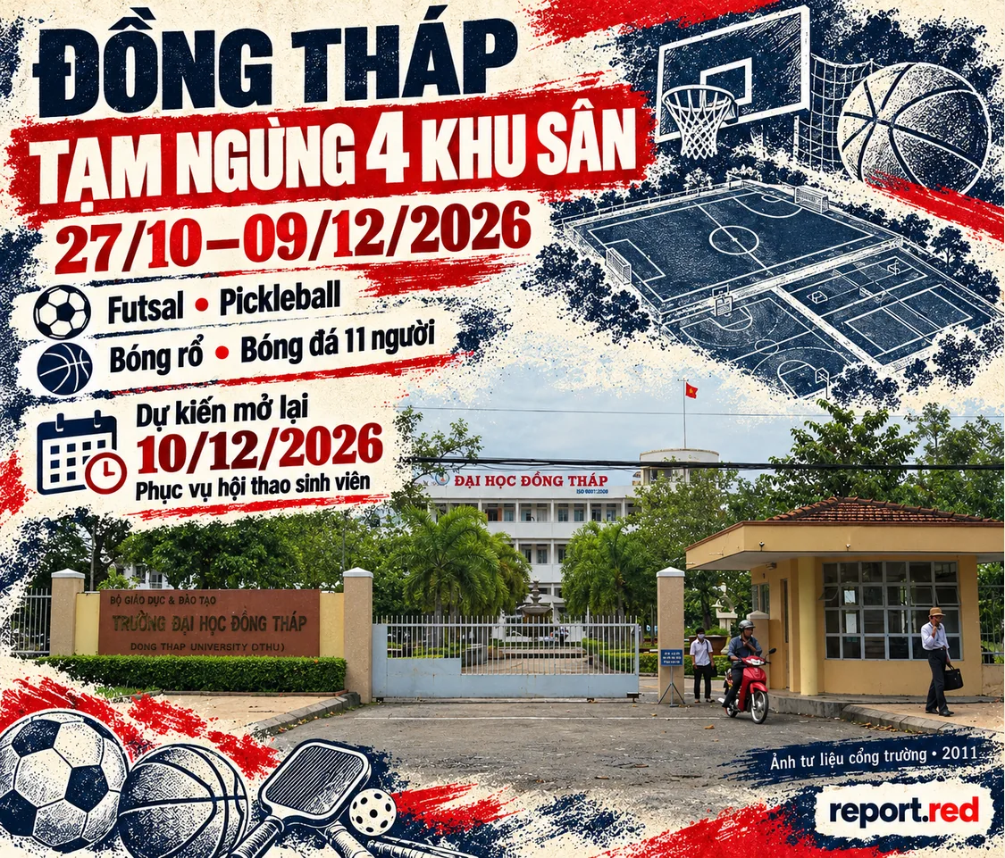 Bìa thông báo tạm ngưng bốn khu sân Đại học Đồng Tháp 27/10–09/12/2026, dự kiến mở lại 10/12 với ảnh cổng trường 2011