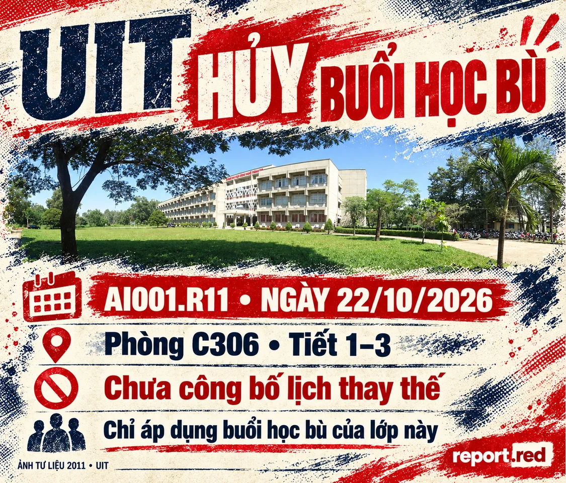 UIT hủy học bù AI001.R11 ngày 22/10/2026, tiết 1–3, phòng C306, chưa có lịch mới; ảnh trường năm 2011