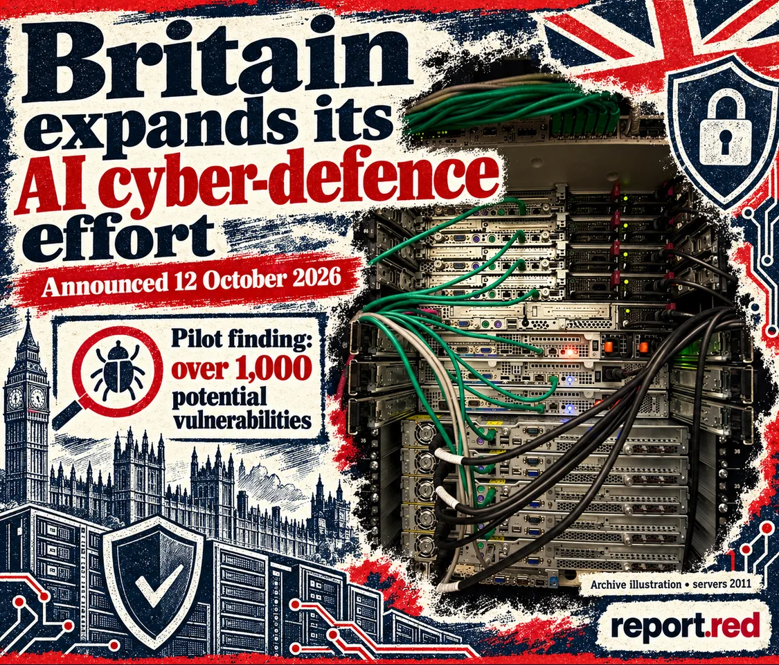 Britain expands AI cyber defences—but a vulnerability count is not a safety guarantee — archive photo 2011 and navy/red drawings