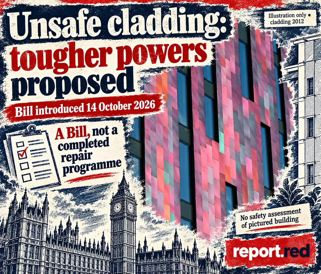 Unsafe cladding bill promises stronger accountability—but introduction is not implementation — archive photo 2012 and navy/red drawings