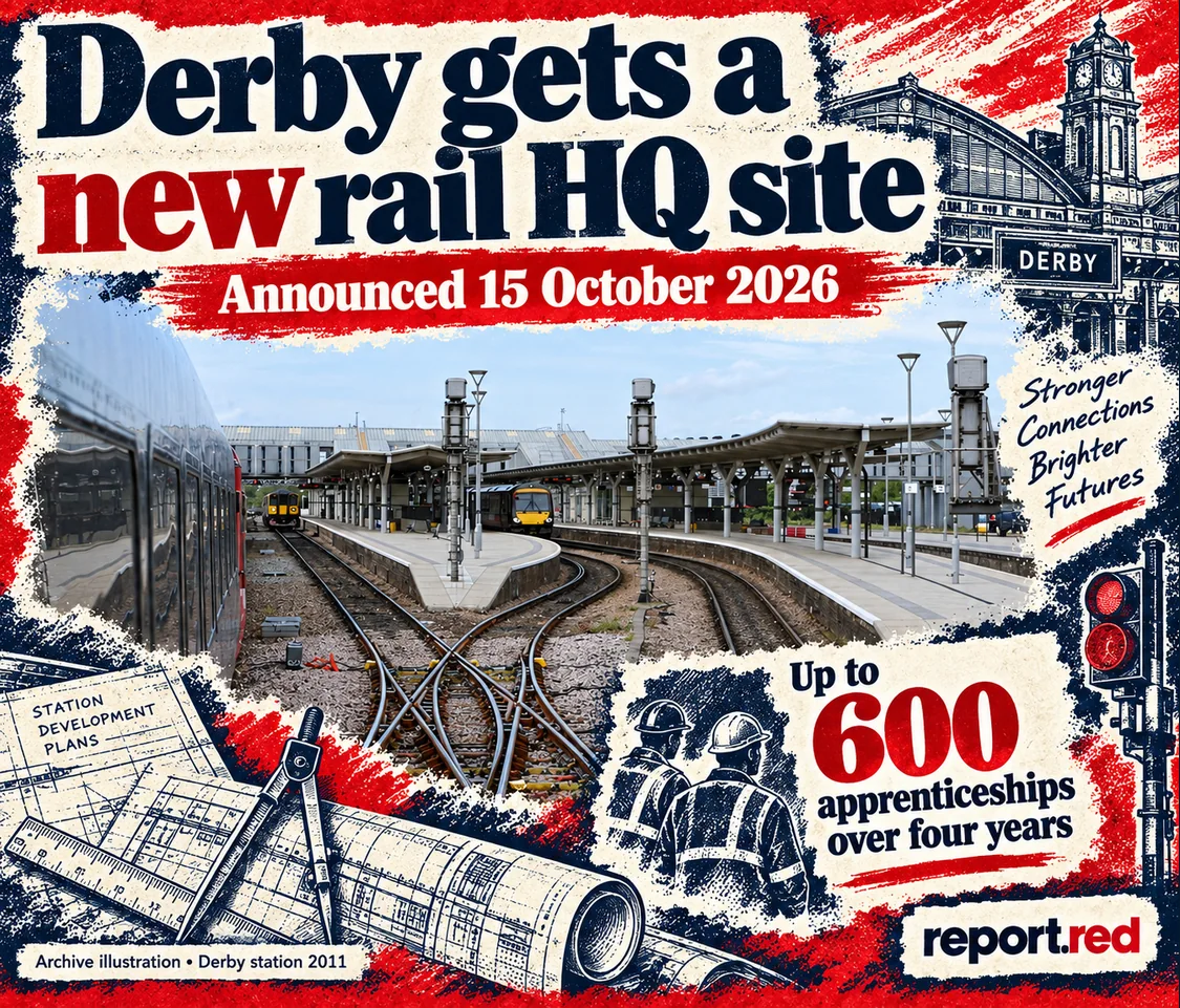 Derby’s new rail HQ site comes with a skills pledge: up to 600 apprenticeships — archive photo 2011 and navy/red drawings
