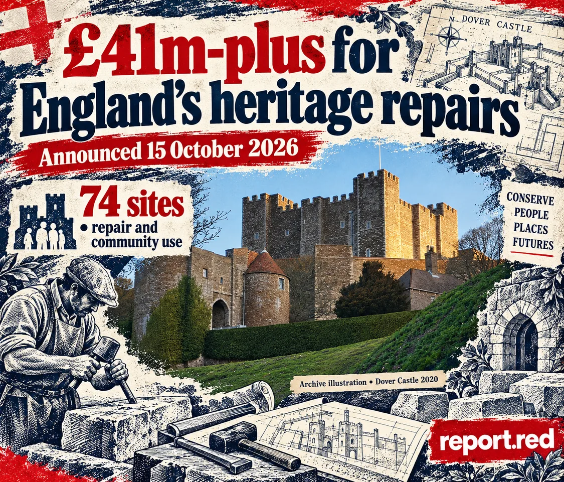 England’s heritage repairs get £41m-plus: keeping buildings useful is part of the job — archive photo 2020 and navy/red drawings