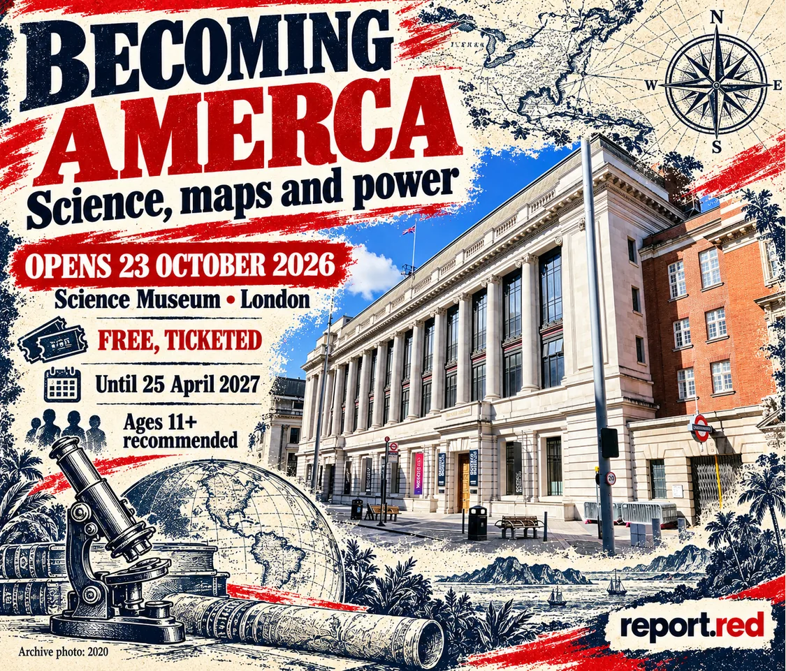 Becoming America exhibition opening 23 October 2026 with an archival 2020 photo of the Science Museum exterior