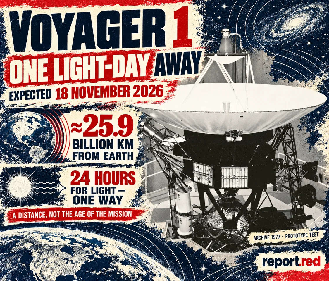 Voyager light-day explainer cover using a real 1977 photograph of the prototype during vibration testing, with the expected 18 November 2026 date