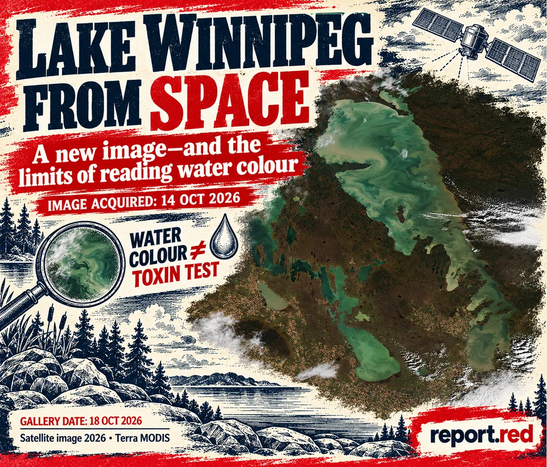 report.red cover using the real 14 October 2026 Terra image of Lake Winnipeg, with a reminder that water colour is not a toxin test