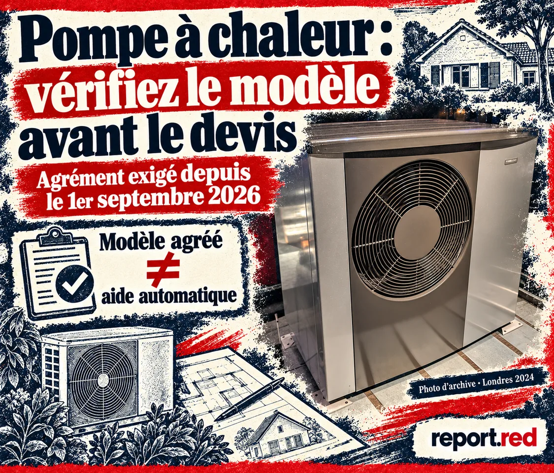 Pompe à chaleur : le modèle choisi peut faire basculer votre demande de prime — photographie d’illustration 2024 et dessins navy et rouge