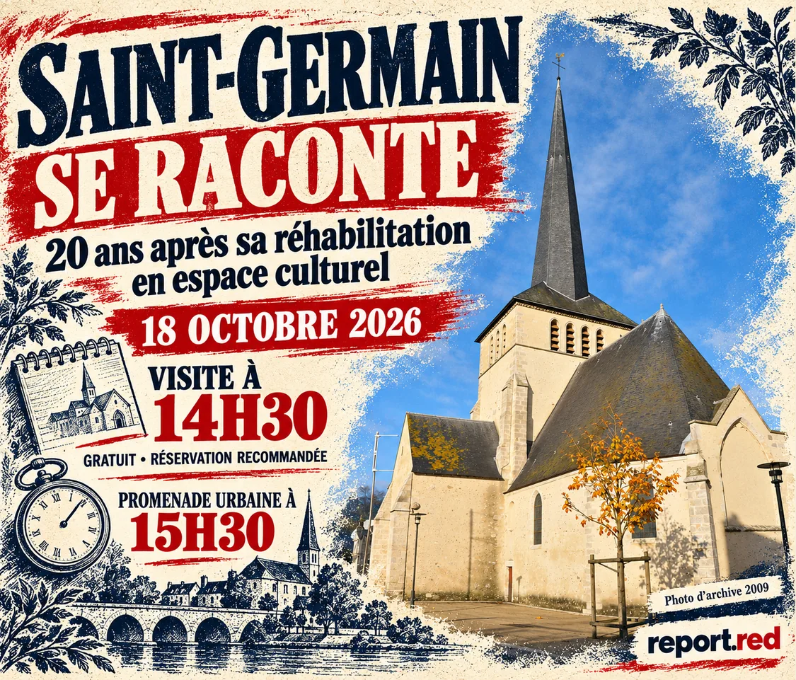 Couverture de la visite de Saint-Germain le 18 octobre 2026, illustrée par une photo d’archive de l’église à Sully-sur-Loire en 2009