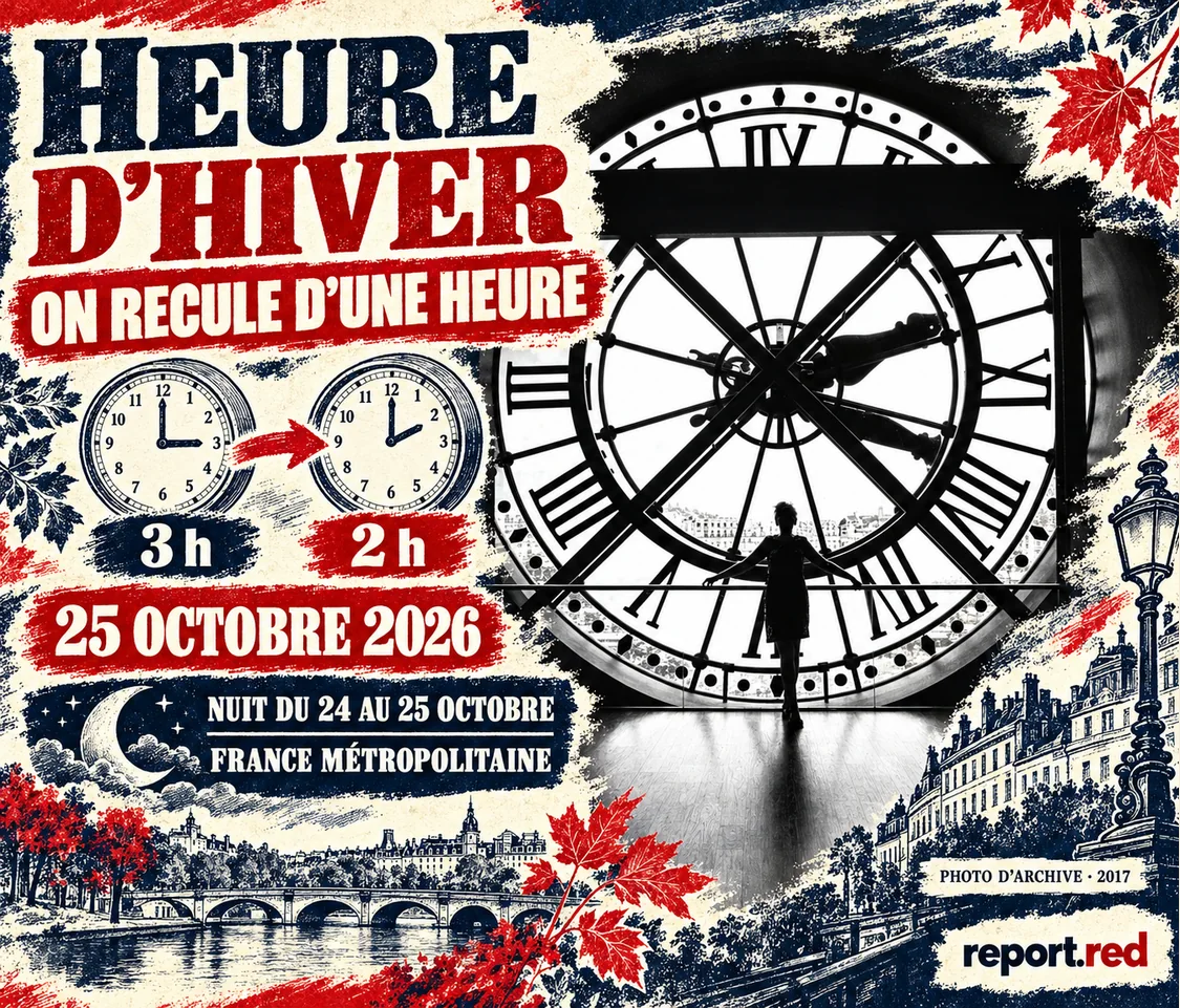 Couverture du passage à l’heure d’hiver le 25 octobre 2026 avec photo d’archive 2017 de l’horloge du musée d’Orsay et schéma 3 h vers 2 h