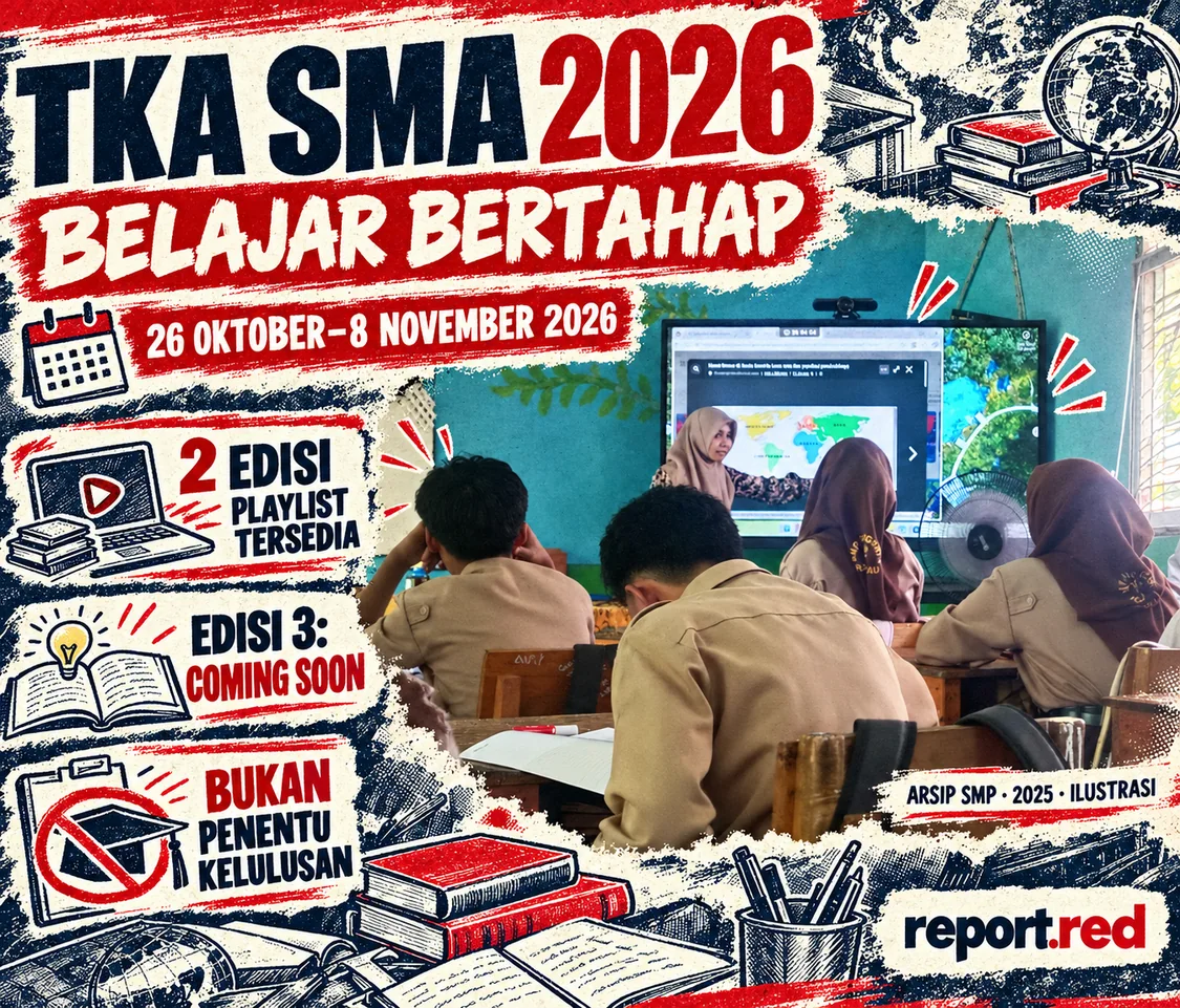 Sampul panduan playlist TKA SMA 2026 memakai foto arsip kelas SMP Indonesia tahun 2025 sebagai ilustrasi, bukan peserta TKA SMA