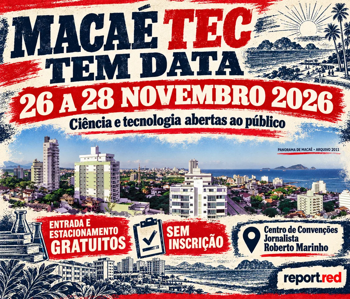 Macaé TEC de 26 a 28 de novembro de 2026, com panorama de Macaé de 2011, sem retratar o evento.