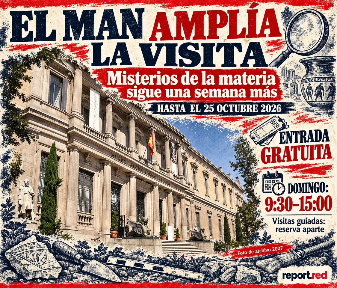 Portada de la prórroga de Misterios de la materia con la fachada real del MAN fotografiada en 2007