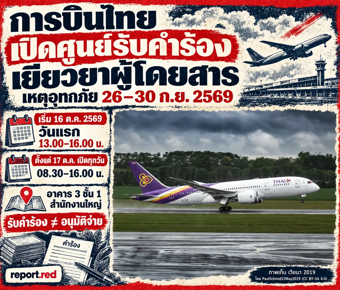 คอลลาจข่าวศูนย์รับคำร้องเยียวยาการบินไทย เริ่ม16ตุลาคม2569 วันแรก13.00–16.00น. ตั้งแต่17ตุลาคม08.30–16.00น.ทุกวัน พร้อมภาพเก็บเครื่องบินที่เวียนนาปี2019