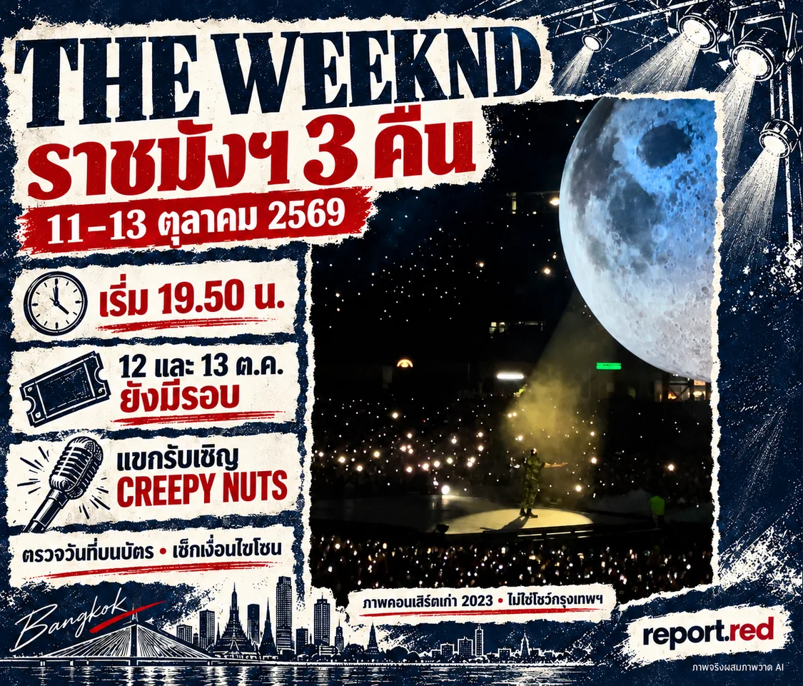 ปกข่าวคอนเสิร์ต The Weeknd ราชมังคลากีฬาสถาน 11–13 ตุลาคม 2569 ภาพคอนเสิร์ตเก่าปี 2023 ผสมภาพวาด navy แดง